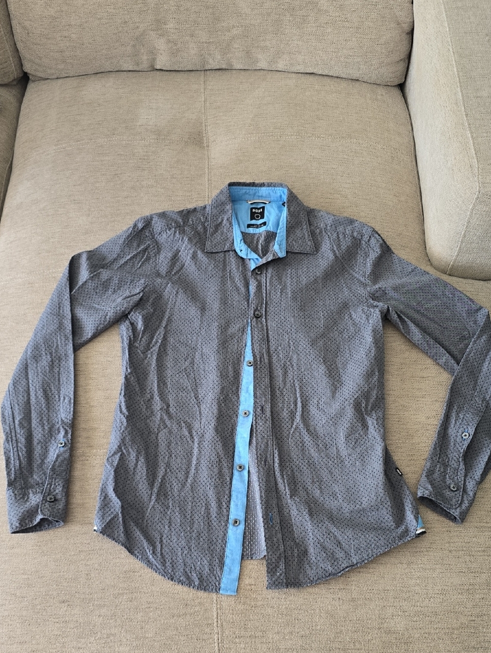 Boss Men's Navy Textured Button-Down Shirt with Light Blue Trim Organic Cotton
